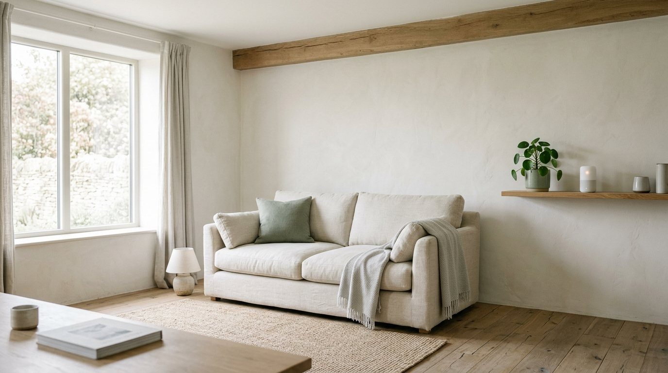 Heller Wohnraum mit Kalkputz, Holzboden und Holzbalken