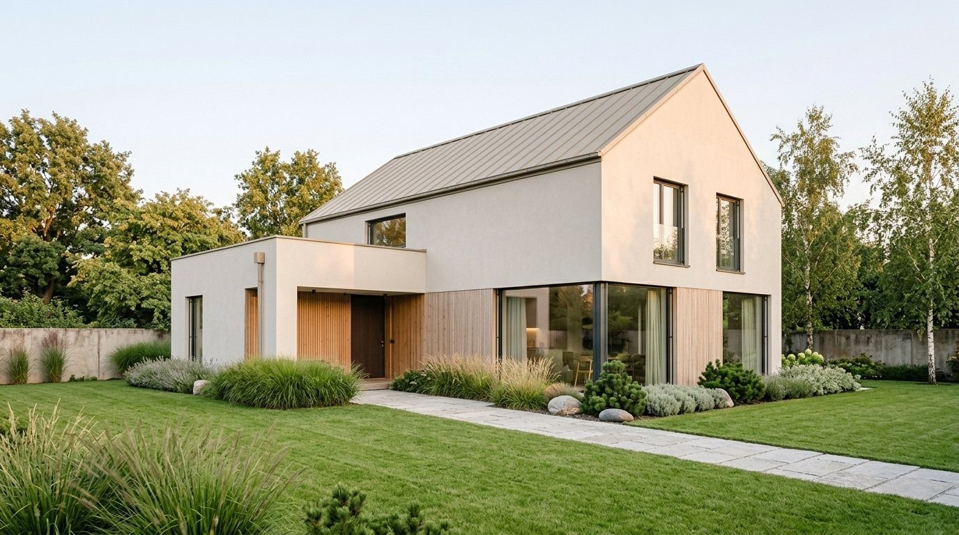 Modernes Einfamilienhaus mit hellem Putz, Holzelementen und großen Fenstern im Abendlicht