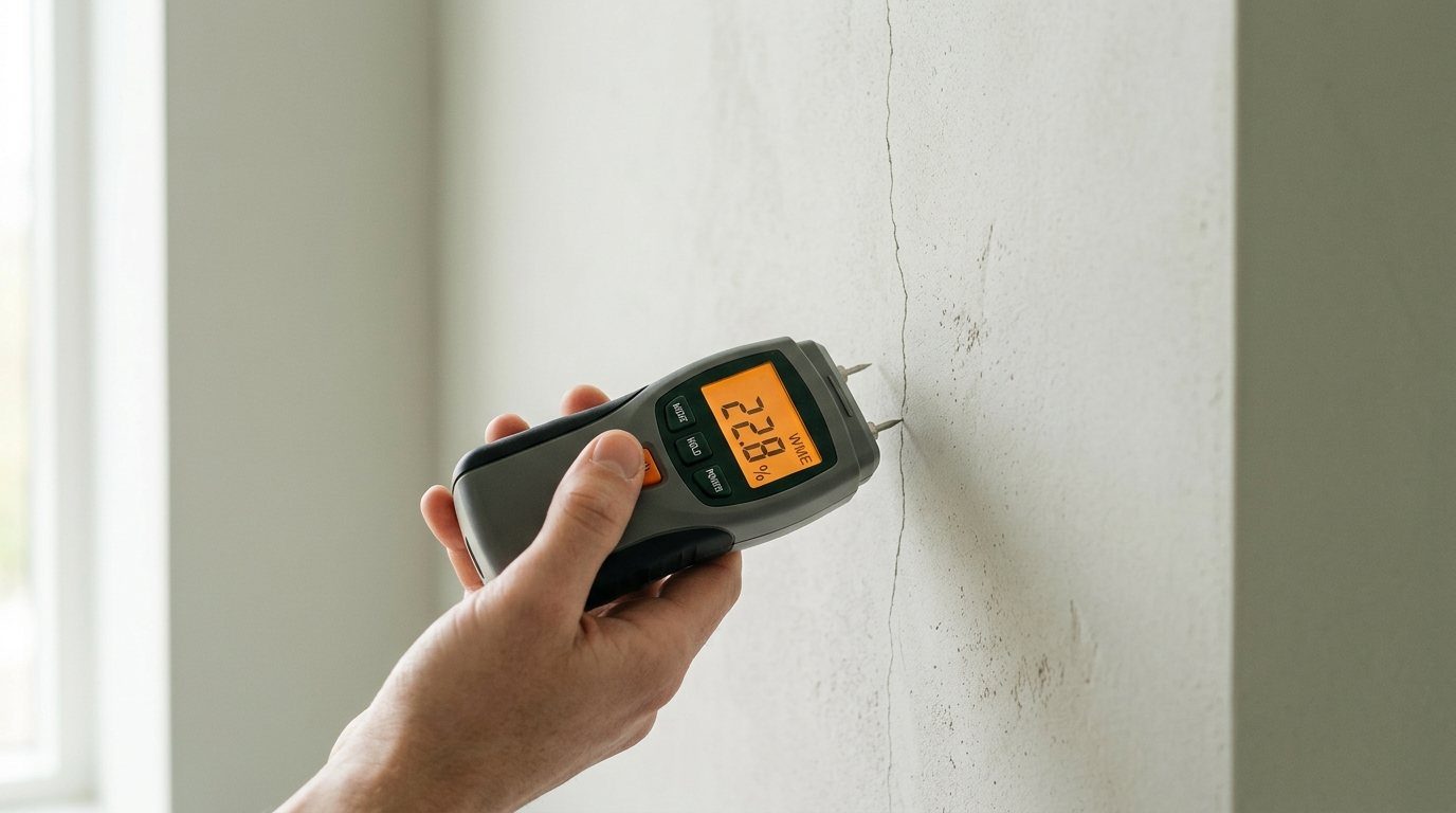 Feuchtemessgerät an einer Putzwand mit feinem Riss