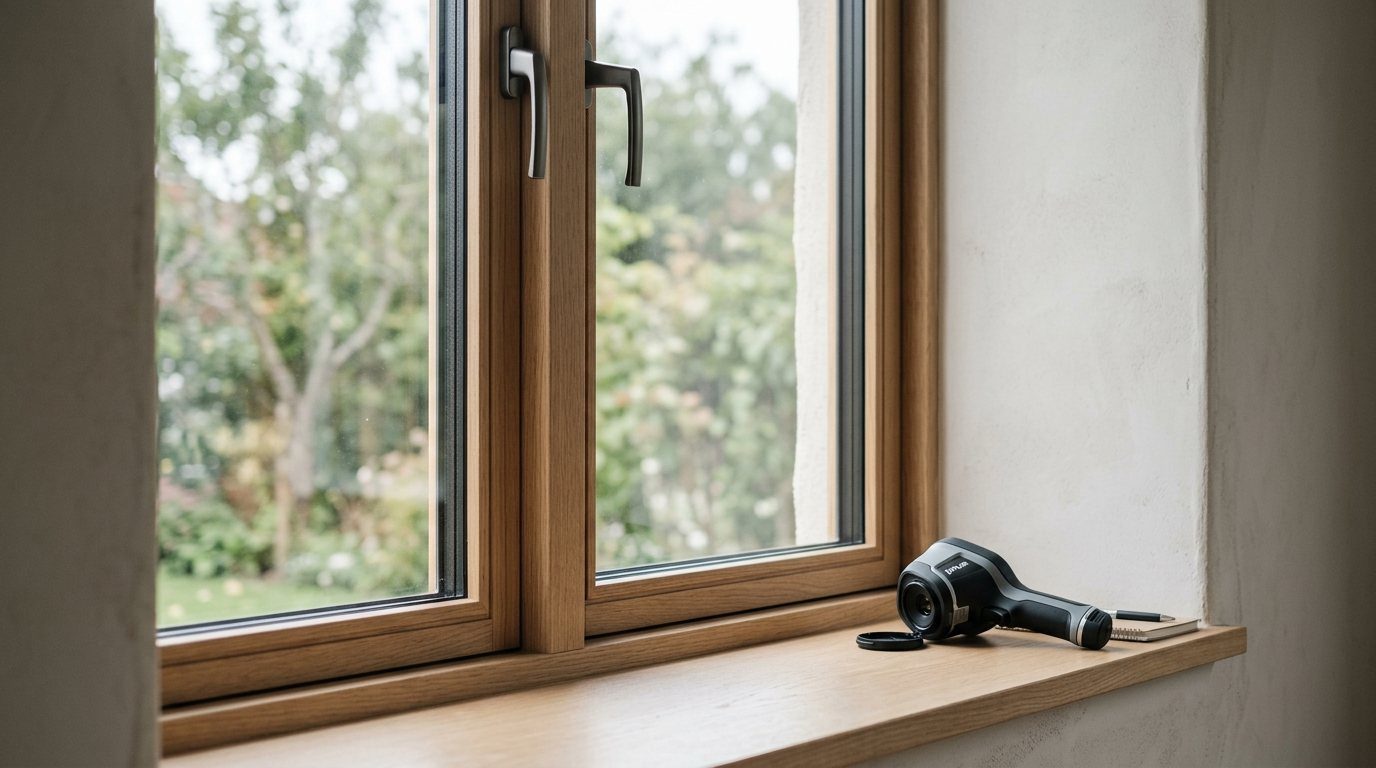 Modernes Holzfenster mit Wärmebildkamera auf der Fensterbank