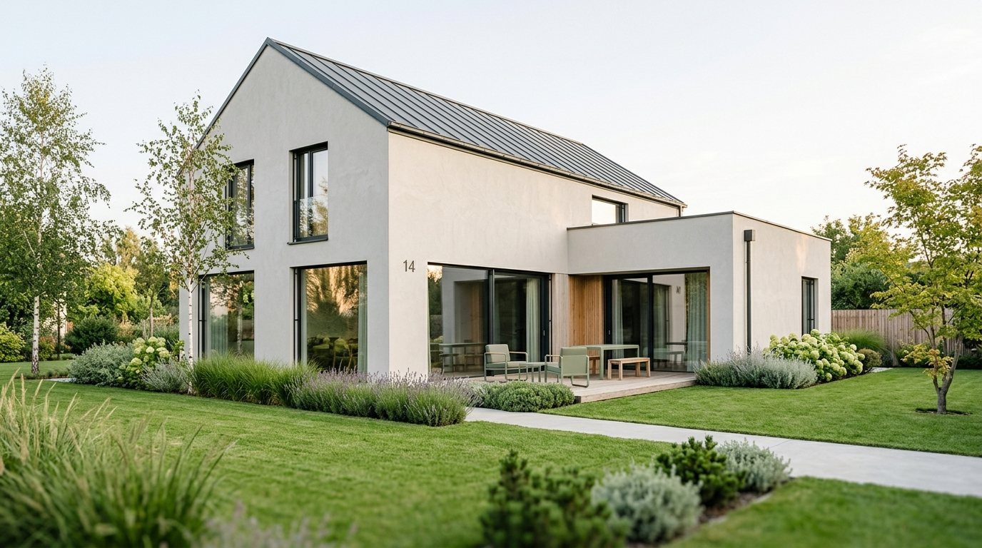 Modernes Einfamilienhaus mit hellem Putz und gepflegtem Garten