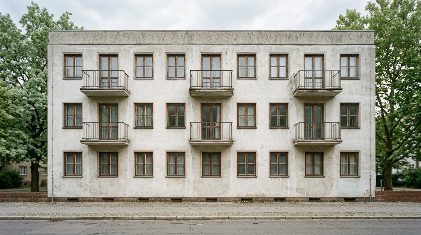 Fassade eines älteren Mehrfamilienhauses mit Balkonen