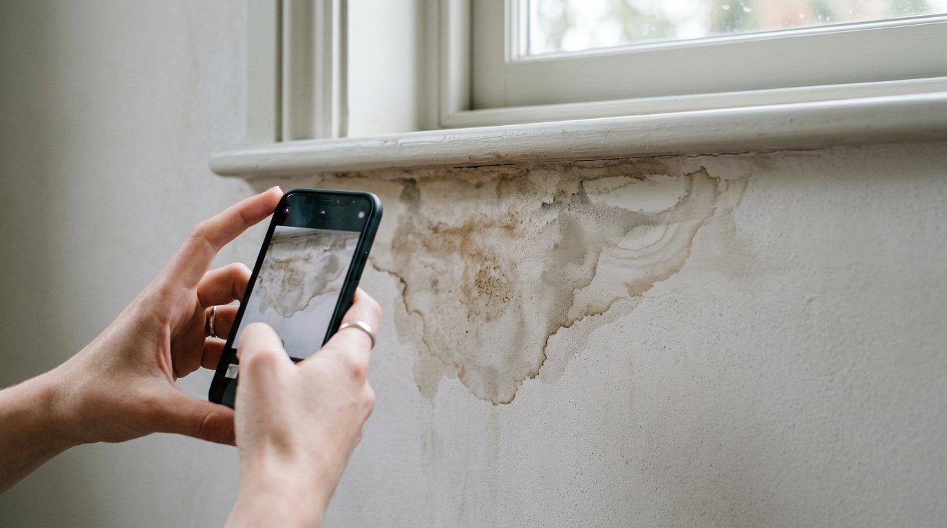 Wasserfleck unter einer Fensterbank wird mit dem Smartphone dokumentiert