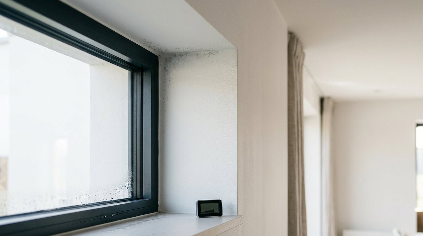 Fensterlaibung mit dunklen Schimmelflecken in der Ecke, Kondenswasser am Glas und Hygrometer auf der Fensterbank