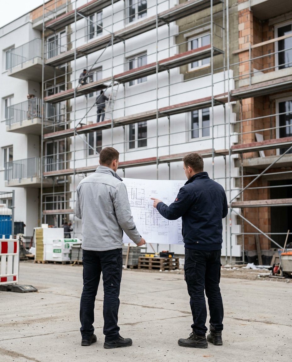 Zwei Sachverständige mit Bauplan vor einem eingerüsteten Mehrfamilienhaus, an dessen Fassade Dämmarbeiten laufen
